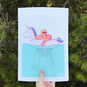 Dame nageant avec une bouée de licorne, impression d&#39;art, jet d&#39;encre d&#39;art, ambiance estivale