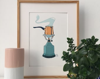 May include: A framed illustration of a copper coffee pot on a blue camping stove with smoke rising from the pot. The illustration is on a white background.