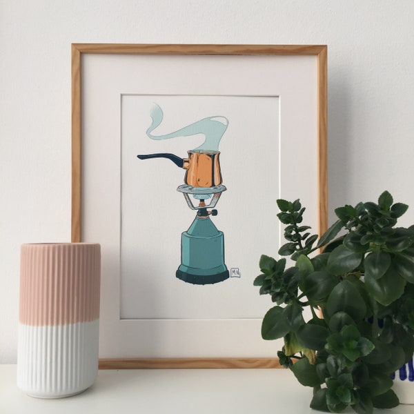 Greek Coffee Pot Art Print | Camping Stove Illustration | Everyday Mediterranean Life Wall Art