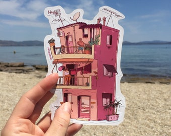 The Greek Building, Sticker Art, Cartoon Illustration