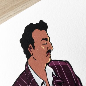 May include: A cartoon illustration of a man with dark hair and a mustache wearing a purple and white striped suit.