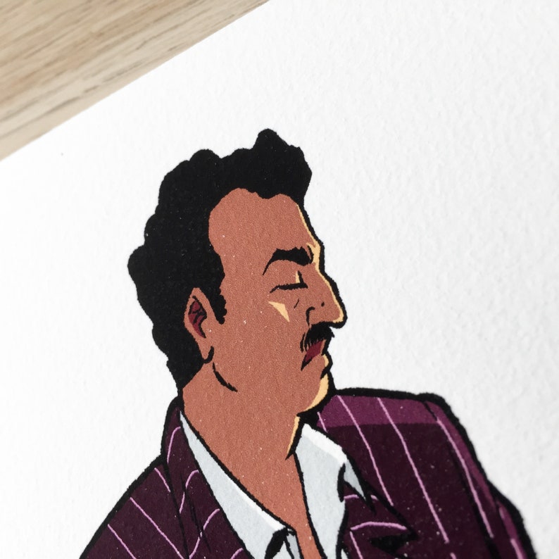 May include: A cartoon illustration of a man with dark hair and a mustache wearing a purple and white striped suit.
