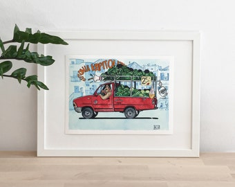 May include: A red pickup truck with a wooden bed is filled with watermelons. The truck is driving down a street with buildings on either side. The text "ESTONIA KAPITOL" is written on the side of the truck.