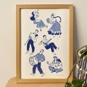 Músicos en tonos azules con instrumentos tradicionales, Impresión artística, Bellas Artes Giclée