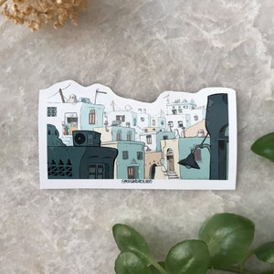 El pueblo de una isla griega, arte con pegatinas, ilustración étnica