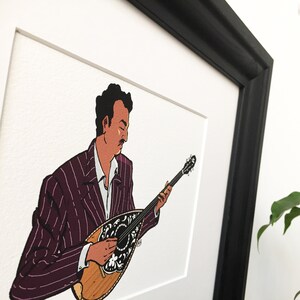 May include: A hand-drawn illustration of a person playing a stringed instrument with a purple and white striped jacket. The instrument has a wooden body and a floral design.