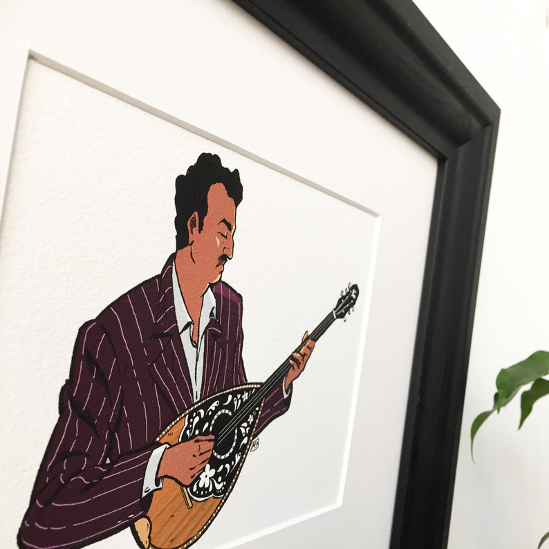 May include: A hand-drawn illustration of a person playing a stringed instrument with a purple and white striped jacket. The instrument has a wooden body and a floral design.