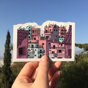 Pegatina de la ciudad de Atenas, ilustración artística, paisaje urbano