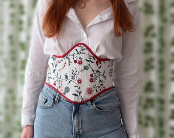 Korsetriem | Onderbustecorset | Blauw, rood en wit met bloemenpatroon | Vintage stijl | Maat S 36