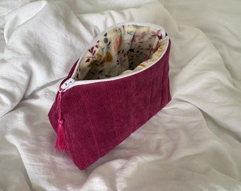 Kosmetiktasche I Kulturbeutel I Make up Tasche I Mäppchen I pink cord quilt mit buntem Blumenmuster Musselin I handgemacht