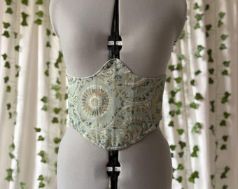 Korsetriem | Onderbustkorset | Maat M/L | Lichtgroen bloemenpatroon in vintage stijl