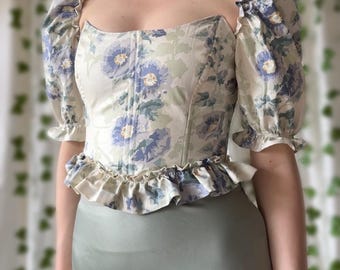 Korsettop | Corsage | met pofmouwen en ruches | bloemenpatroon | cottagecore, historisch geïnspireerde vintage melkmeisjesstijl | Maat XS/S 34/36