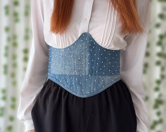Corset Gürtel I Unterbrustcorset I Handmade I Jeans Patchwork Perlen I alternative Vintage Style I Größe S 36