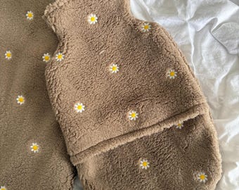 Wärmflasche Bettflasche Bezug I braun beige mit Blumenstickerei I weicher Teddystoff I handmade