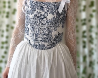 Korsettop | elegante witblauwe Toile de Jouy | Renfair Cottagecore Fairycore alternatieve mode