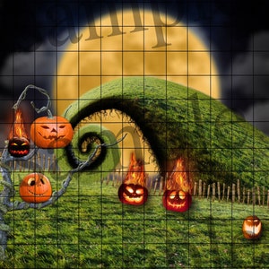 May include: A Halloween scene with a large, full moon and a hill with a twisted tree.  The tree is decorated with lit jack-o'-lanterns, some with flames.