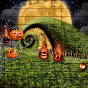 May include: A Halloween-themed illustration with a full moon, a green hill, and several jack-o'-lantern pumpkins with flames coming out of the top. The pumpkins are on a tree branch with a twisted, gnarled shape.