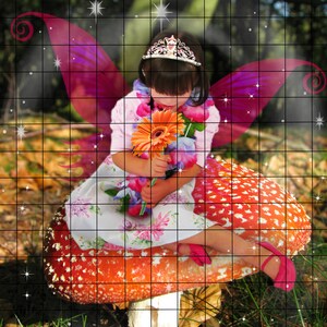 May include: A young girl dressed as a fairy sits on a large red and white mushroom. She is wearing a white dress with pink flowers, a pink and purple fairy wings, and a tiara. She is holding a bouquet of orange and purple flowers.