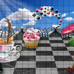 May include: A whimsical scene featuring a teacup and teapot pouring tea, a cupcake with pink frosting and sprinkles, a key, and mushrooms. The scene is set on a chequered floor with a black gate in the background. The sky is blue with white clouds and playing cards are floating in the air.