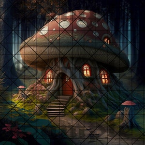 May include: A whimsical mushroom house with a red roof and glowing windows, nestled in a dark forest setting.