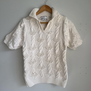 Vintage Women S Knit Polo Sweater Top White Short Sleeve Cable Open Wave