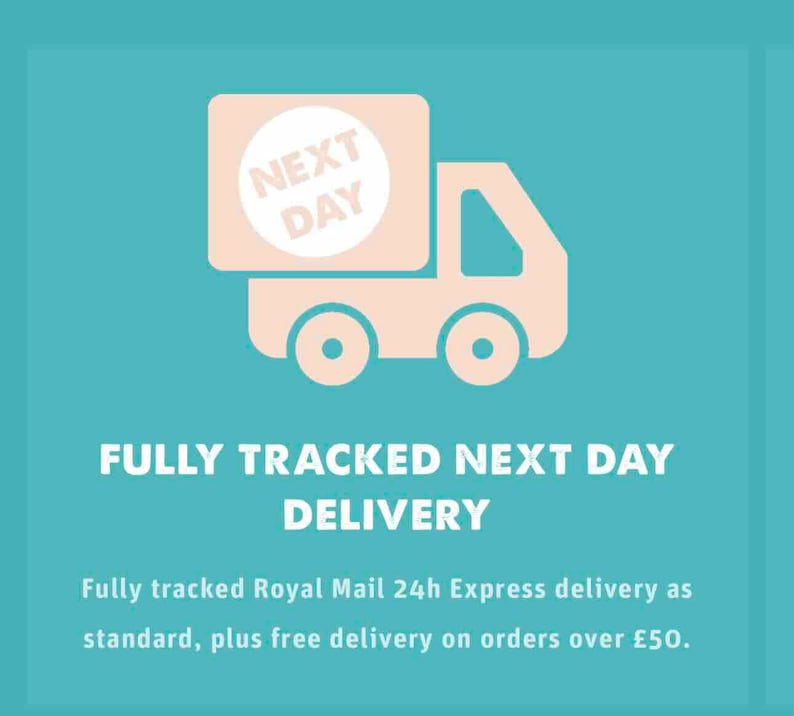 May include: A light beige cartoon truck with the words "NEXT DAY" on the side. Below the truck, the text reads "FULLY TRACKED NEXT DAY DELIVERY". The background is a teal color.