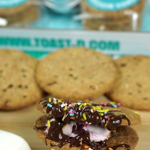 May include: A close-up of a s'more on a wooden skewer, featuring two round cookies with chocolate drizzle and colorful sprinkles, and a pink marshmallow. Several cookies and packaged s'mores are in the background.