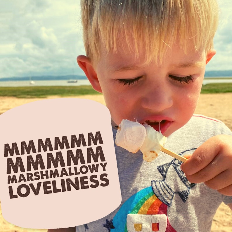 May include: A light pink mug with the text "MMMMM MMMM MARSHMALLOWY LOVELINESS" in brown lettering. A young child is eating a toasted marshmallow on a stick.