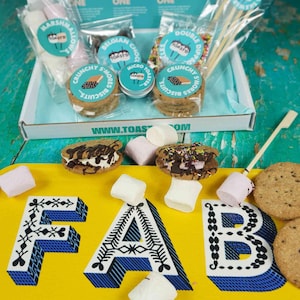 May include: A s'mores kit with ingredients and instructions. The kit includes marshmallows, chocolate, cookies, and skewers. The box has text that says "Create the Perfect S'More". A yellow tray with the word "FAB" is in the foreground.