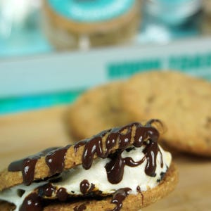 May include: A close-up of a s'more, featuring a toasted marshmallow and chocolate drizzle between two cookies. A marshmallow on a stick is in the foreground. The background shows more cookies and containers.