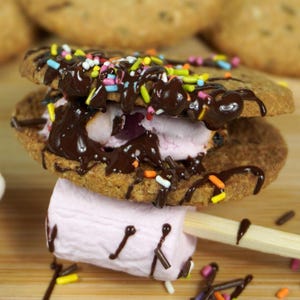 May include: A chocolate-covered s'more with pink marshmallow, two chocolate chip cookies, and colorful sprinkles.