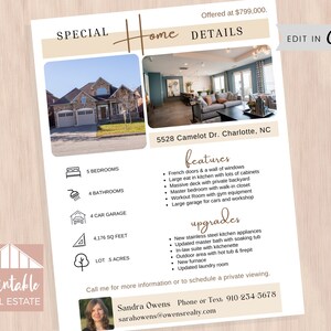May include: A real estate listing for a 5 bedroom, 4 bathroom home with a 4 car garage, 4,176 square feet of living space, and a 5 acre lot. The home is located at 5528 Camelot Dr. Charlotte, NC and is offered for $799,000. The listing highlights features such as French doors, a large eat-in kitchen, a massive deck, a master bedroom with a walk-in closet, a workout room, and a large garage. Upgrades include new stainless steel kitchen appliances, an updated master bath with a soaking tub, an in-law suite with a kitchenette, an outdoor area with a hot tub and fire pit, a new furnace, and an updated laundry room. The listing also includes a photo of the home's exterior and interior, as well as a photo of the real estate agent.