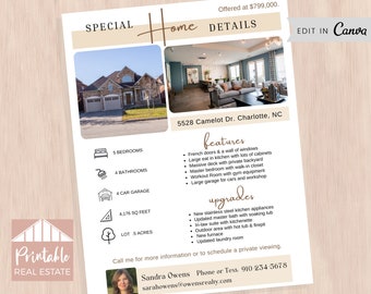 Real Estate Flyer Printable, Home Features Sheet For Sale Flyer Template, Just Listed Flyer, Open House Flyer Real Estate Marketing SPF018
