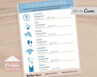 Real Estate Utility Service Providers List for Buyer New Home Owner, Utility Recommendations Real Estate Marketing, Home Buyer Kit SPF011