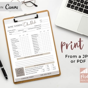 May include: Printable home touring checklist with a brown and white color scheme. The checklist includes sections for property address, bedrooms, bathrooms, lot size, curb appeal, exterior condition, yard and condition, garage, floor plan, living room, dining room, kitchen, laundry room, appliances, security, AC and heating, additional notes and house vibes, and the neighborhood. The checklist also includes a logo for CP Realty and the contact information for Caroline Perry.