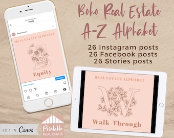 Real Estate ABC, 26 Boho Alphabet Templates, Stories Facebook Instagram Real Estate Marketing Definition Terms, Social Media Realtor IGP013
