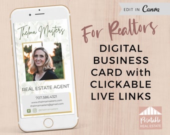 Real Estate Mobile Business Card with Live CLICKABLE Links! Realtor Card, Real Estate Digital Business Card Editable Canva Template, DBC010