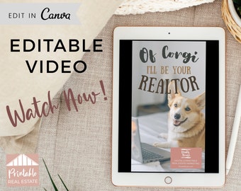 May include: A tablet screen displaying a graphic of a corgi dog with the text "Of Corgi I'll Be Your REALTOR" and the logo "Double Krush DIGITAL & PRINTABLE REAL ESTATE MARKETING".