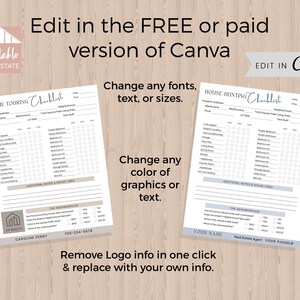 May include: A printable checklist for home touring or house hunting. The checklist includes sections for property address, bedrooms, bathrooms, lot size, total square feet, year built, curb appeal, exterior condition, and more. The checklist is designed to be edited in Canva.