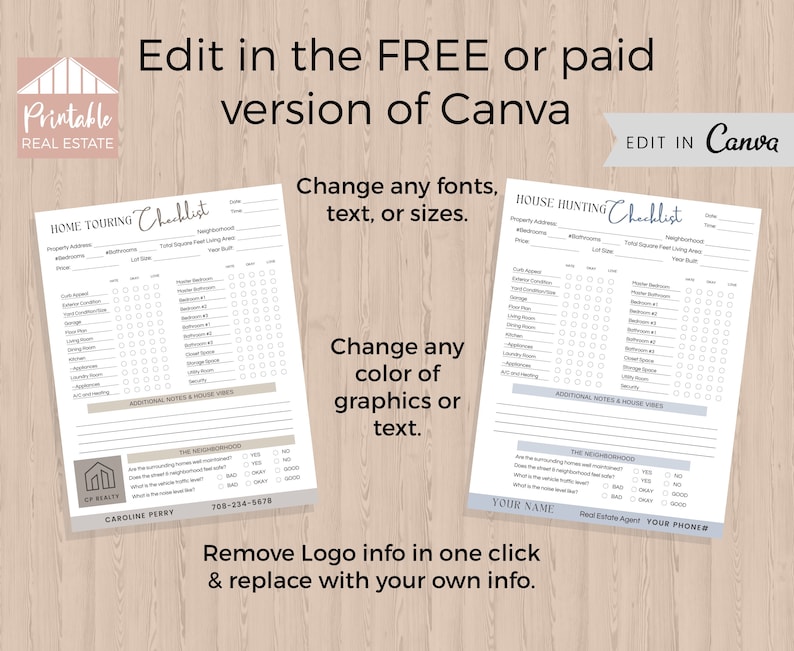 May include: A printable checklist for home touring or house hunting. The checklist includes sections for property address, bedrooms, bathrooms, lot size, total square feet, year built, curb appeal, exterior condition, and more. The checklist is designed to be edited in Canva.
