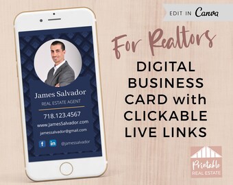 Man Business Card with Live CLICKABLE Links for Real Estate Agents,  Modern Realtor Digital Business Card Canva Template Editable, DBC013
