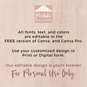 May include: A pink and white graphic with the text "Printable Real Estate" in a house-shaped logo. The text "All fonts, text, and colors are editable in the FREE version of Canva, and Canva Pro. Use your customized design in Print or Digital form. Our editable design is yours forever! For Personal Use Only." is below the logo.