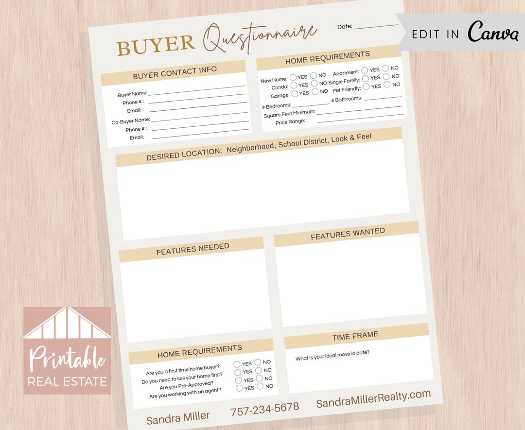 Buyer Questionnaire Real Estate Template Buyer Checklist Real Etsy