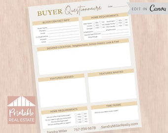 Buyer Questionnaire Real Estate Template, Buyer Checklist Real Estate Home Buyer Guide, Real Estate Marketing Buyer Consultation Form SPF017