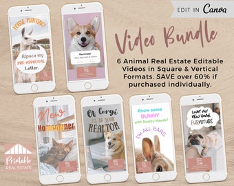 Fun Real Estate Marketing Template Bundle of 6 Unique Animal Videos, Editable Social Media Templates Canva Animation Realtor Posts REV017
