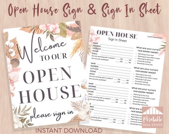 Open House Sign Printable & Open House Sign In Sheet Printable Set, Real Estate Marketing Realty Business, Modern Open House Signage BPF011