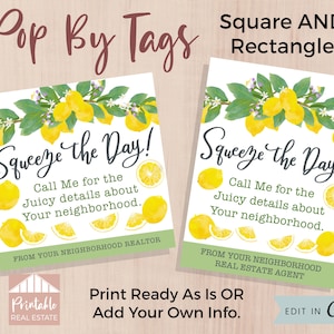 Pop By Summer Real Estate Marketing Gifts, Editable Real Estate Lemon Tags, Realtor Summer Pop By Tags, Lemonade Printable Card Canva PBS012