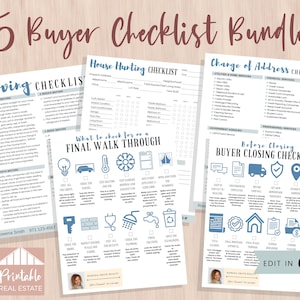 Real Estate Templates Buyer Checklist Bundle of 5 Editable Canva Templates, Modern Real Estate Flyers Moving, House Hunting, Closing BPF010