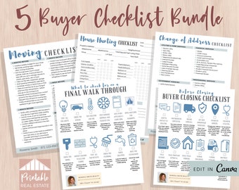 Real Estate Templates Buyer Checklist Bundle of 5 Editable Canva Templates, Modern Real Estate Flyers Moving, House Hunting, Closing BPF010