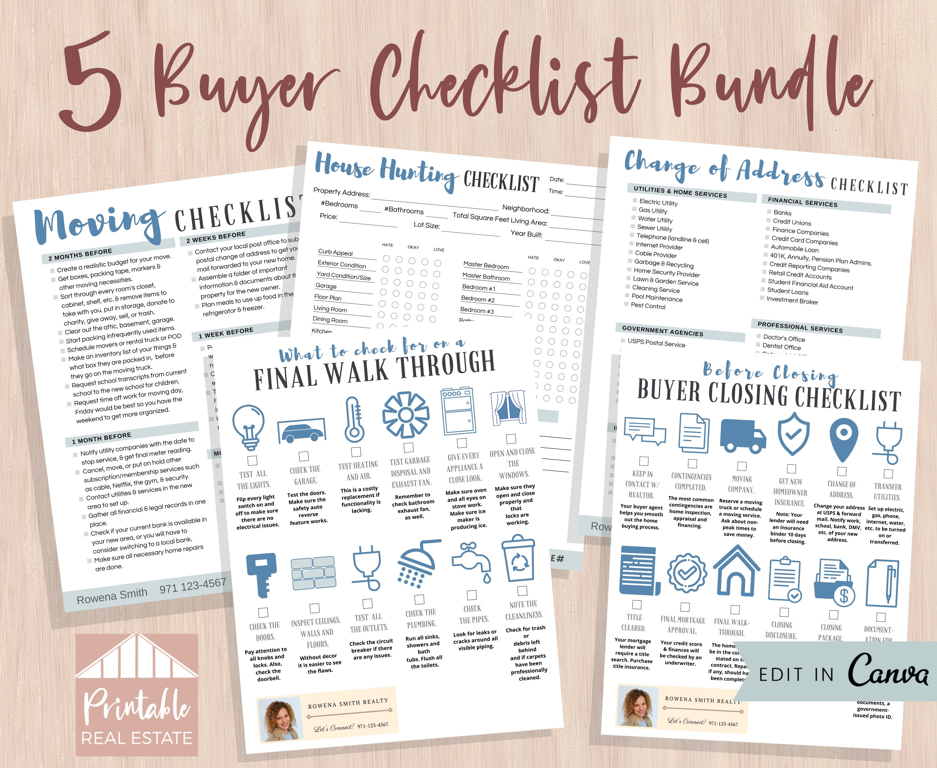 Real Estate Templates Buyer Checklist Bundle of 5 Editable Canva ...